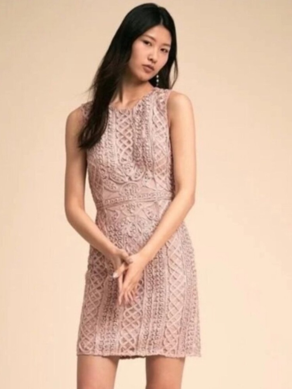BHLDN Rose Quarts Pink Lace and Embellished Midi Dress - size 10